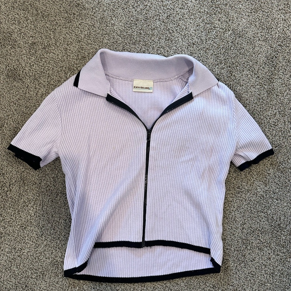 Kathy Ireland Lavender and Navy Collared Top